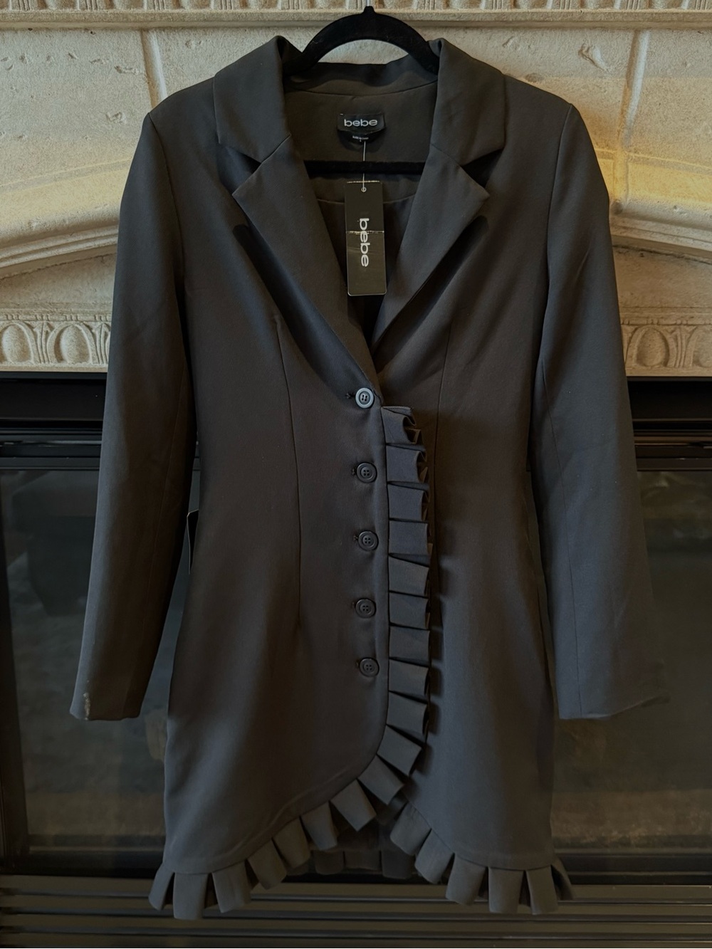 bebe Black Ruffle-Front Long Blazer